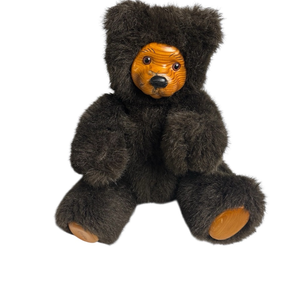 Vintage 80s Robert Raikes cookie wood face teddy bear applause brown fur unisex